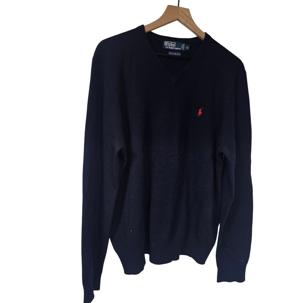 Polo Ralph Lauren V-Neck Sweater Mens XL Navy Blue Lambswool Preppy Classic